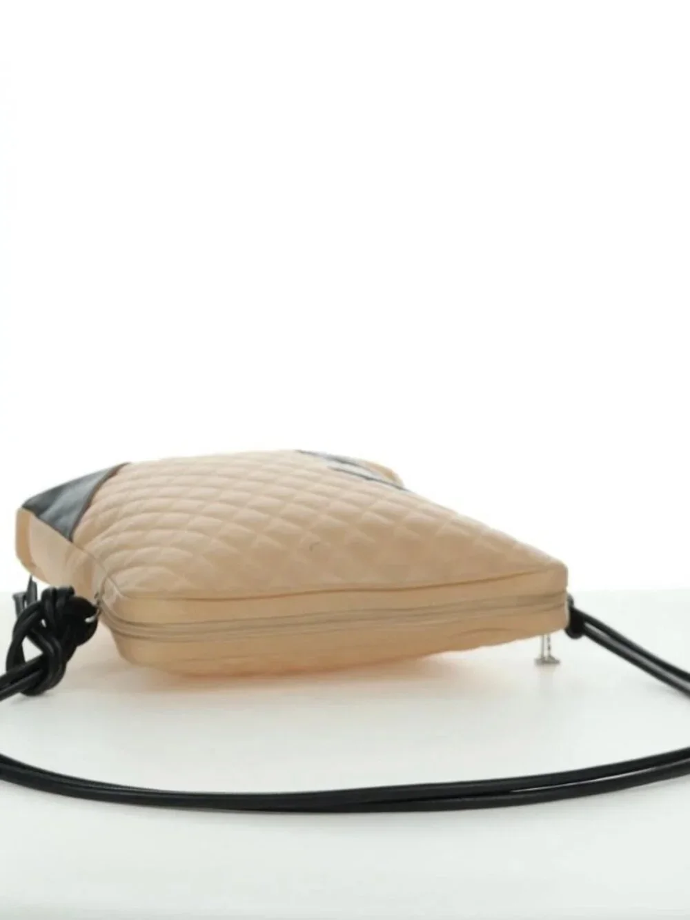 CHANEL Cambon Line Matelasse Shoulder Bag Lamb Skin Beige Black CC Auth am10849V